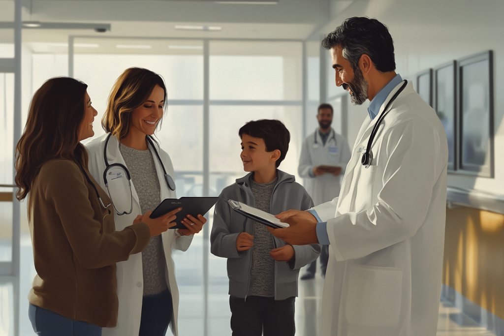 Familia feliz en una consulta médica, destacando los beneficios de contratar un seguro de gastos médicos mayores